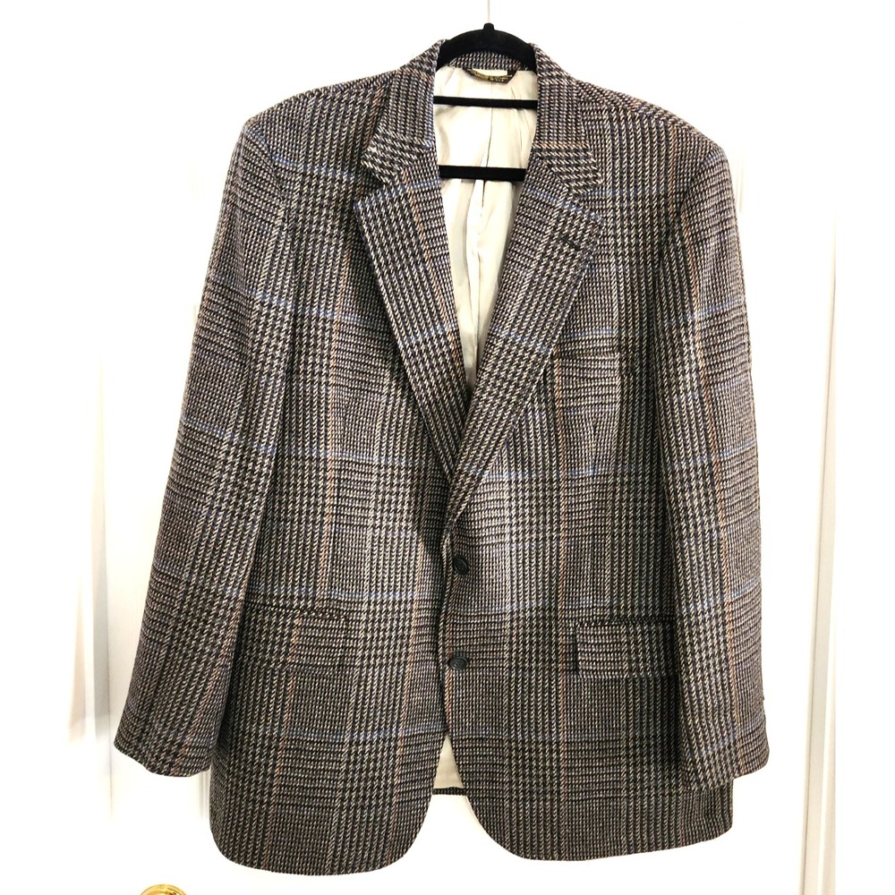 Barrister 100% Wool Sz 44 Tweed Gray Blue Herringbone Check Sport Coat Blazer